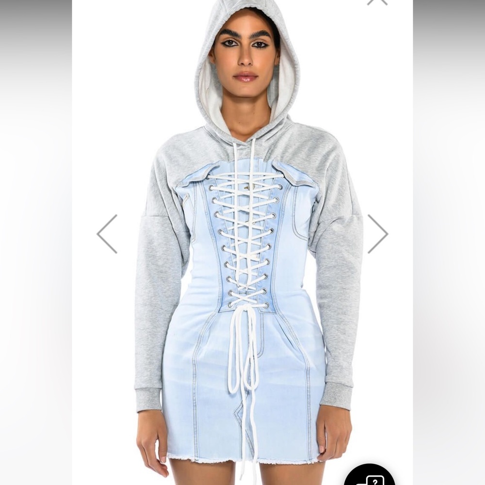 AKIRA THE LAST WORD LACE UP DENIM HOODIE MINI DRESS